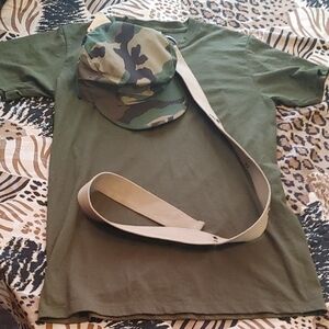 Green T-Shirt with Camouflage Mil-spex Cap and Beige Strap Belt